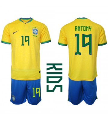 Brazylia Antony #19 Koszulka Podstawowych Dziecięca MŚ 2022 Krótki Rękaw (+ Krótkie spodenki)